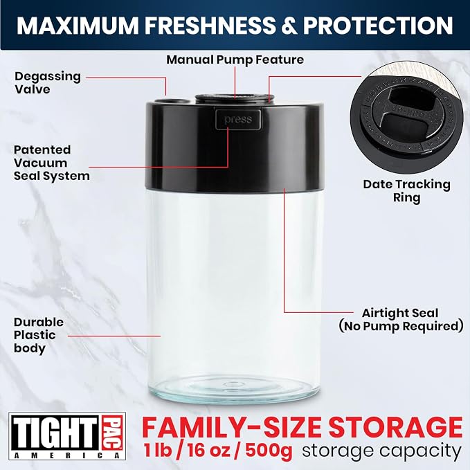 COFFEEVAC Pump It Out Airtight Coffee Container - Vacuum Coffee Storage Container for Ground Coffee Beans - Patented Vacuum Seal with Degassing Valve, 1 lb, Black/Clear