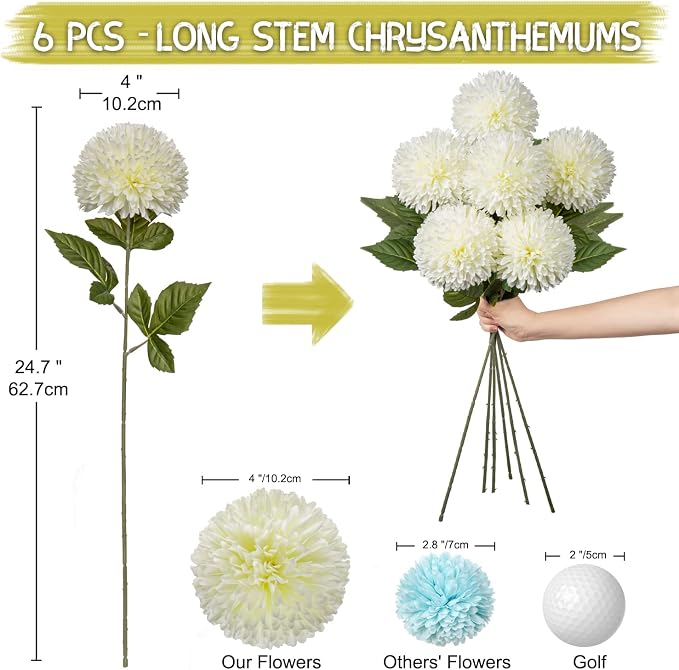 Briful Autumn Artificial Chrysanthemums Ball Flowers 4’’ Large Heads Mums Stems Cream White Fake Hydrangea Flowers Bridal Wedding Bouquet for Home Garden Party Wedding Fall Decoration, Set of 6