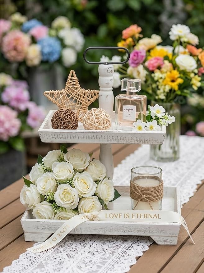 Hanobe 2 Tiered Decorative Tray Stand for Coffee Table Decor | Farmhouse Large White Wood Display Stands for Kitchen Counter Decorations