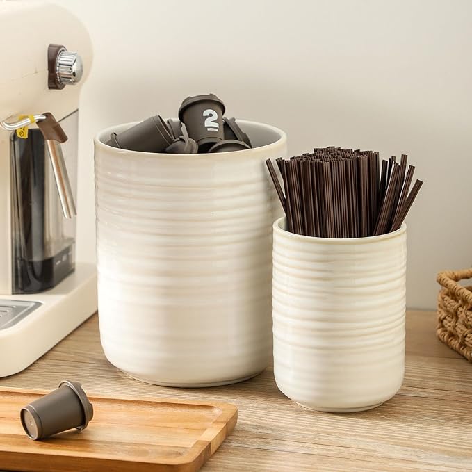 HASENSE Cooking Utensil Holder, 7.4"+5.5" Ceramic Kitchen Utensil Holder for Counter, Rustic Utensil Oganizer Crocks for Spatula, Ice Bucket Gift for Dad, Set of 2, Clay-Infused White