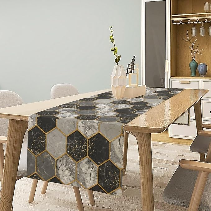 Marble Table Runner, Grey Black and Gold Abstract Geometry Hexagon Modern Luxury Texture Printed Linen Table Runners for Home Farmhouse Kitchen Dining Room Party Holiday Decor 13" W x 120" L
