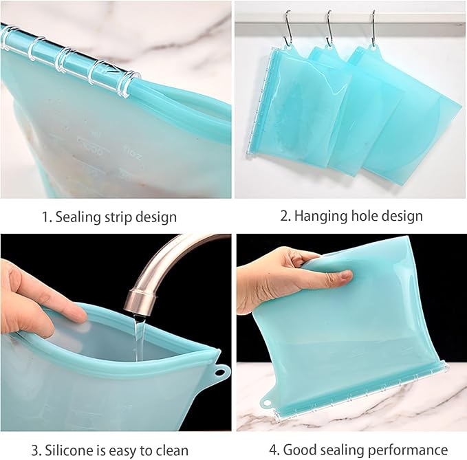 Reusable Silicone Food Storage Bags, WINDSIUUU 100% Silicone Food Grade Containers, Leakproof, Sandwich Snack Bags, Stand Up Zip Container for Soup and Leftovers, Dishwasher & Microwave Oven Safe-53OZ