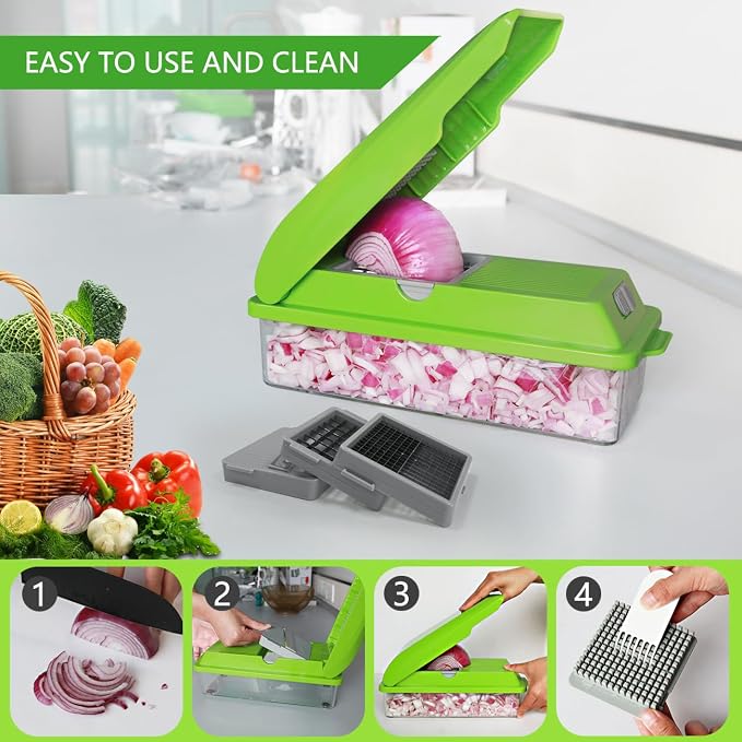 LHS Professional Multifunctional Vegetable Chopper Pro Food Chopper with Food Storage Containers, Mandoline Slicer Onion Dicer Fruit Cutter, Kitchen Gadgets and Home Essentials(5 in 1, Green)