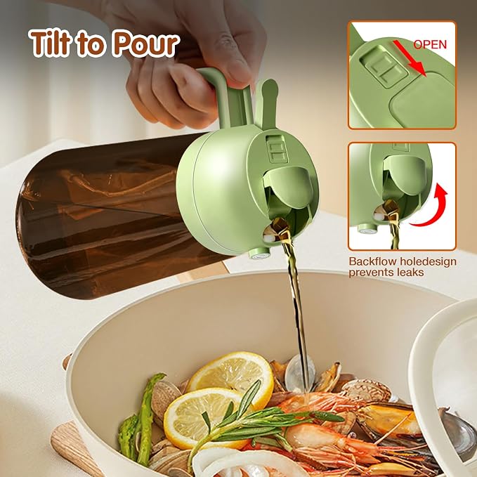 YARRAMATE 16oz/470ml Light Blocking Oil Sprayer for Cooking with Stickers, Food-Grade 2 in 1 Olive Oil Dispenser Bottle for Kitchen, Premium Dark Amber Glass Oil Bottle for Air Fryer, BBQ(Green)