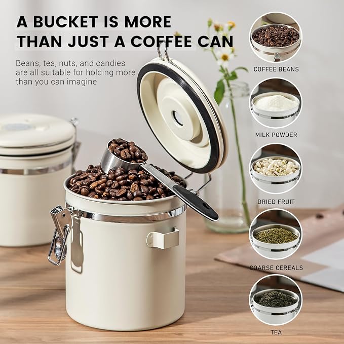Airtight Coffee Container with Date Tracker & Spoon - Kitchen Storage Jar for Coffee Grounds, Cereal, Beans, Sugar (Black, 24OZ)