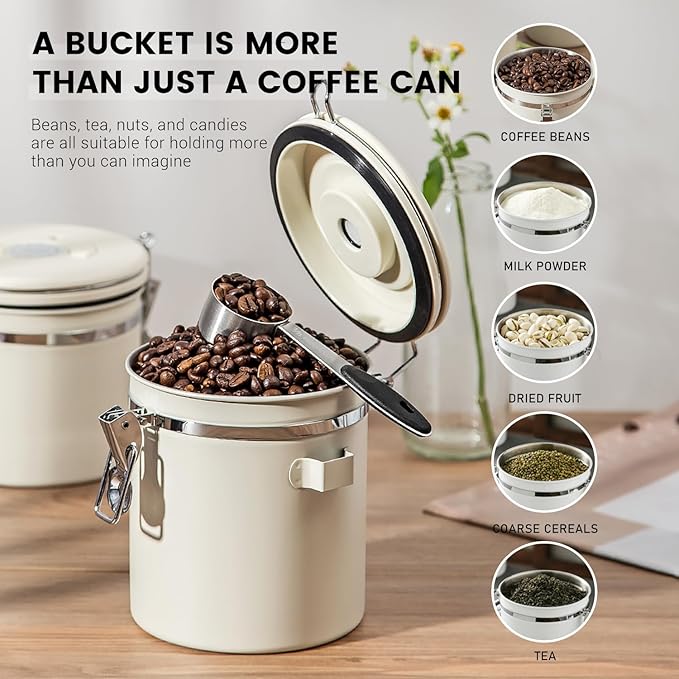 Airtight Coffee Container with Date Tracker & Spoon - Kitchen Storage Jar for Coffee Grounds, Cereal, Beans, Sugar (Black, 38OZ)