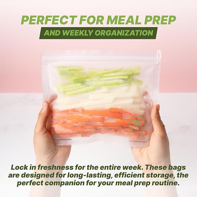 3 Pack Reusable Food Storage Bags, Clear, Freezer Safe, Resealable, Kitchen Organization, Long-Term Storage, Dishwasher-safe freezer food storage bags in 3 sizes.