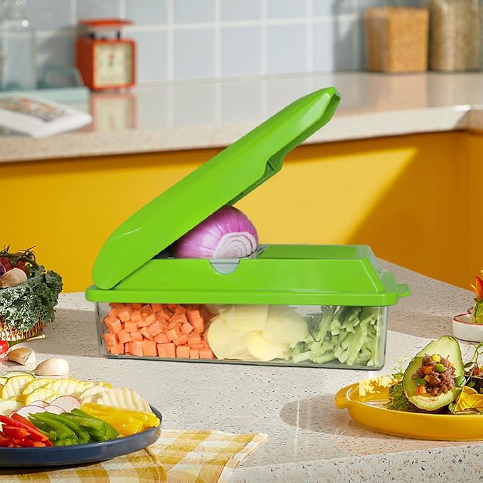LHS Professional Multifunctional Vegetable Chopper Pro Food Chopper with Food Storage Containers, Mandoline Slicer Onion Dicer Fruit Cutter, Kitchen Gadgets and Home Essentials(5 in 1, Green)