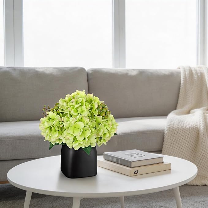 Briful Artificial Green Hydrangea Arrangement in Matte Black Vase, Faux Floral Centerpiece with Green Berry, Modern Farmhouse Table Decor for Dining Room, Entryway, Living Room, Kitchen Coffee Office