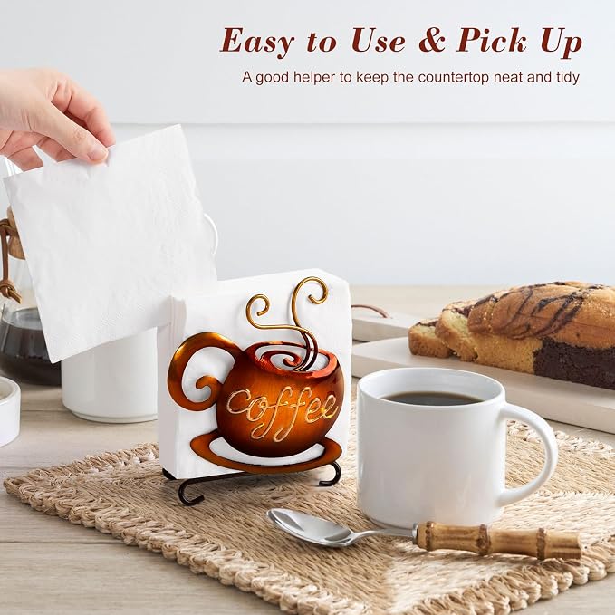 Coffee Napkin Holder for Table - Coffee Bar Decor Filter Holder for Counter, Tissue Napkin Dispenser Table Decor for Kitchen Home, Housewarming Gifts for Women, 3D Handmade Pattern, Metal