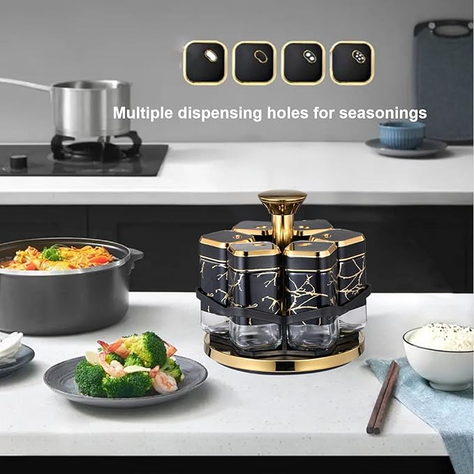 Revolving Spice Rack Organizer with 6 Glass Jars, Countertop Spice Seasoning Rack Tower with Glass Containers, Rotating Seasoning Holder Shelf for Kitchen (Black and Gold)