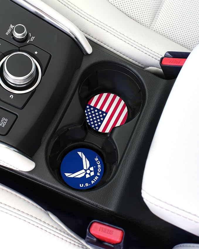 Elektroplate Officially Licensed United States Air Force & USA Flag Automotive Ceramic Coasters (2.6") | Universal Fit for All Cars, Trucks, SUVs & More | Absorbent Non-Slip Durable | Set of 2
