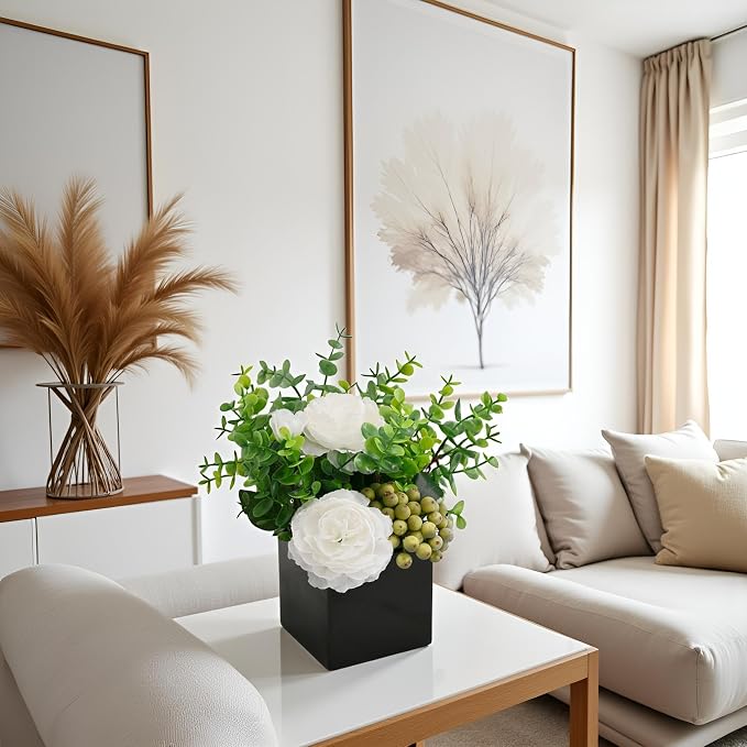 Artificial Flower Arrangement in Black Vase，Floral Centerpiece Table Decor | ﻿ White Artificial Rose Flower Arrangement Set, Faux Eucalyptus Berry Bouquet with Black Square Ceramic Pot for Table Decor