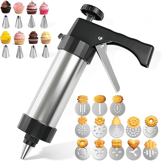 Cookie Press Gun Kit, Stainless Steel – 13 Discs + 8 Nozzles, Perfect for DIY Cookies & Decorating, Baking Gift for Women