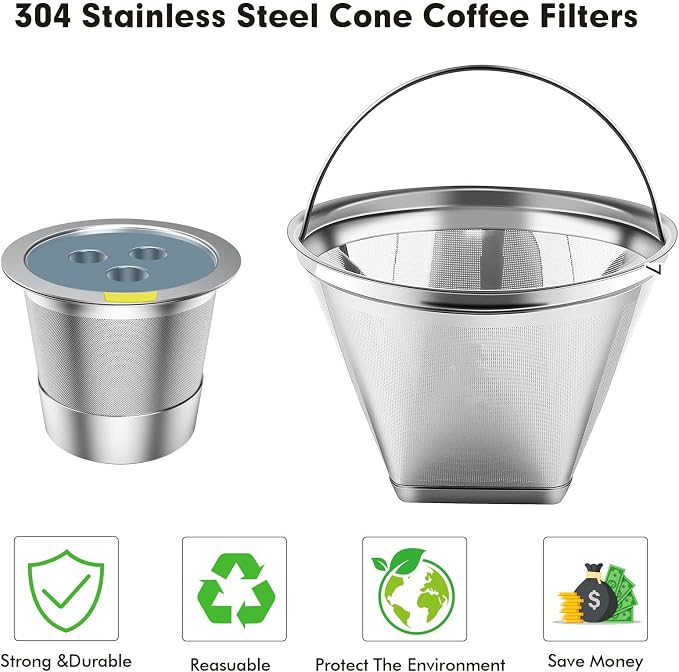 Stainless Steel Reusable Coffee Filter Compatible with Coffee Maker, Reusable Coffee Pods with 4 Cone Coffee Filters, Reusable Coffee Filters for Ninja CFP201 CFP300 CFP307