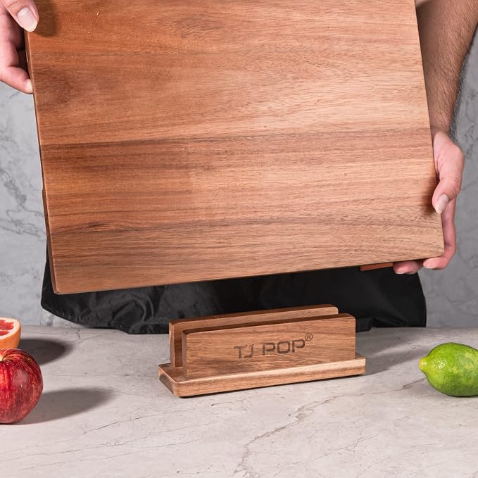 TJ POP Acacia Wood Cutting Board for Kitchen, Premium Wooden Chopping Board with Stand Organizer and Built-in Handle, 15.8 x 11.9 x 1 Inches Butcher Block Large Cheese Serving Board