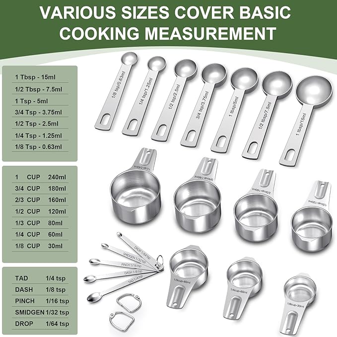 EWFEN Measuring Cups and Spoons Set, 7 Stainless Steel Nesting Measuring Cups & 7 Spoons, 5 Mini Measuring Spoons & 2 Detachable Rings, Kitchen Gadgets for Cooking & Baking, Round