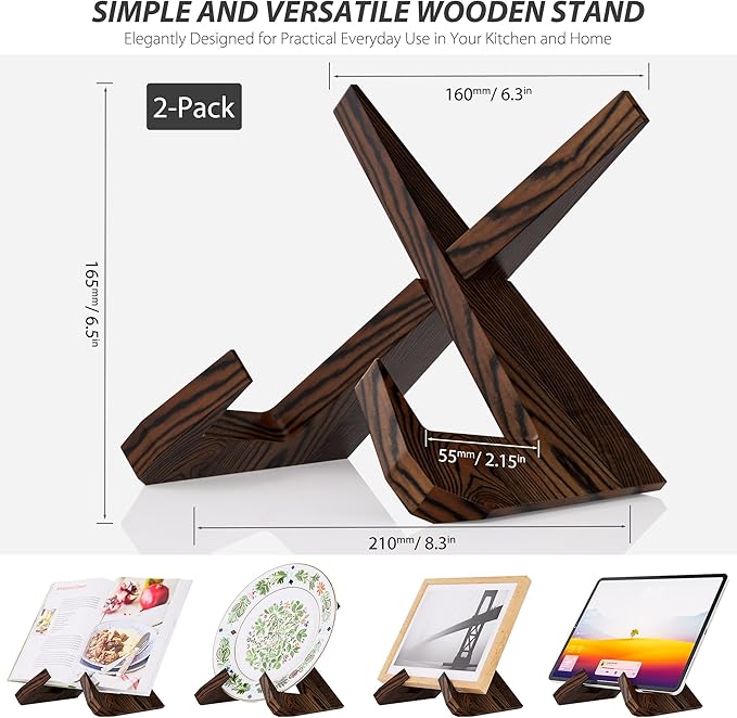 Cookbook Stand for Kitchen, Wooden Cook Book Holder, Plate Stands for Decor Display, Recipe, Counter, Photo, Gift(Rustic Brown) (6.5in-2P)