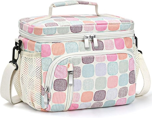 Insulated Lunch Bag for Men & Women, 9L Leakproof Lunch Box Soft Cooler Tote with 5 Pockets, 600D Oxford, EVA Lining, Adjustable Strap for Work, Picnic, Beach&Travel-Corduroy Colorful Plaid