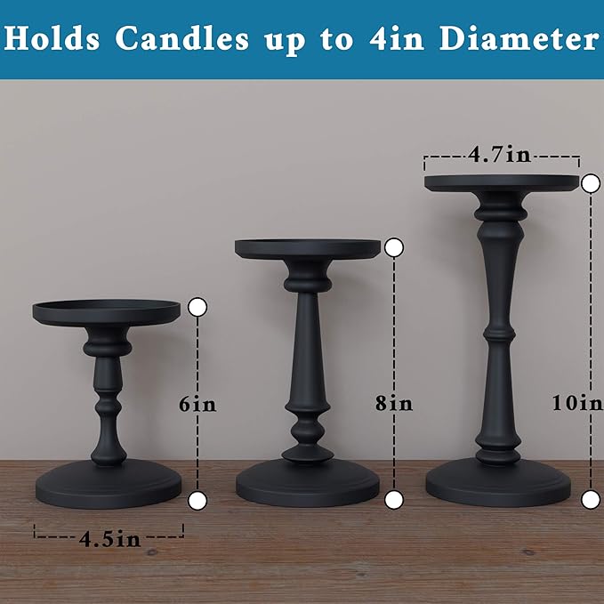 Matte Black Candle Holders Set of 3 - Metal Candle Holders for Pillar Candles & LED Flameless Candles - 6, 8 & 10 Inch Tall - Decorative for Table, Fireplace & More - Pillar Candles Holders Sets of 3