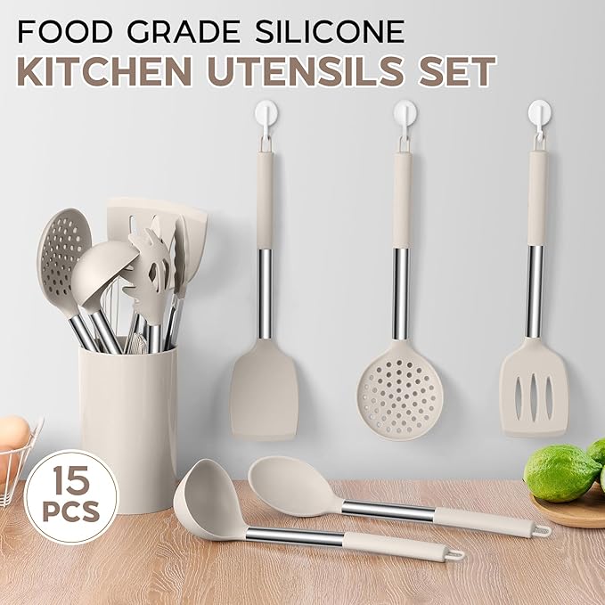 Onader Silicone Cooking Utensils Set of 15, Kitchen Utensils Set with Holder for Nonstick Cookware, 446°F Heat Resistant Stainless Steel Handle - Khaki