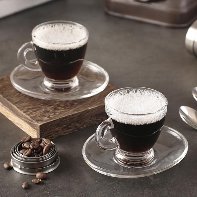 Espresso Cups with Saucers and Spoons Set of 6, Glass Demitasse Cups for Cappuccino Latte Café Mocha Tea and More Beverage, 3.2OZ/95ML, Clear