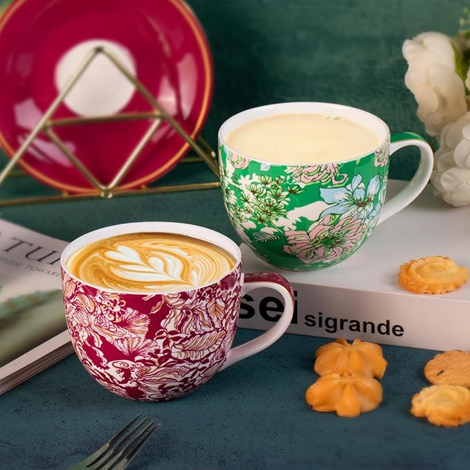KAMMAK Coffee Mugs Ceramic Tea Cups Set of 2, 15 oz Porcelain Espresso Cups with Handle Large Novelty Mugs for Cappuccino, Latte, Americano, breakfast cereal, Hot Cocoa (Red + Green)