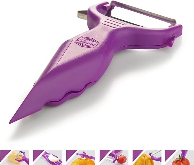 Borner 6-in-1 Fruit and Vegetable Peeler with Stainless Steel Double-Edged Blade, Multi function with Corer, Potato Eye Remover and Mini Grater, Made in Germany, Purple