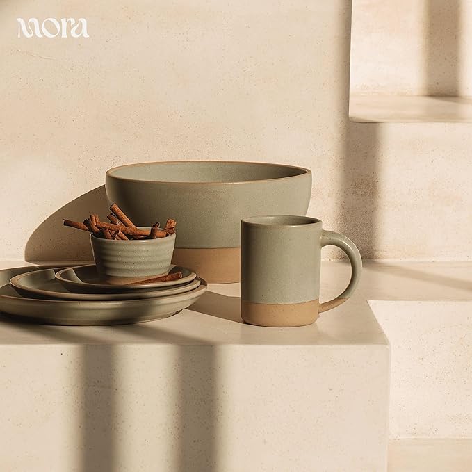 MORA Medium Mugs Set of 4, 16oz Ceramic Pottery Latte Mugs/Coffee Cups - Microwave and Dishwasher Safe - Thyme