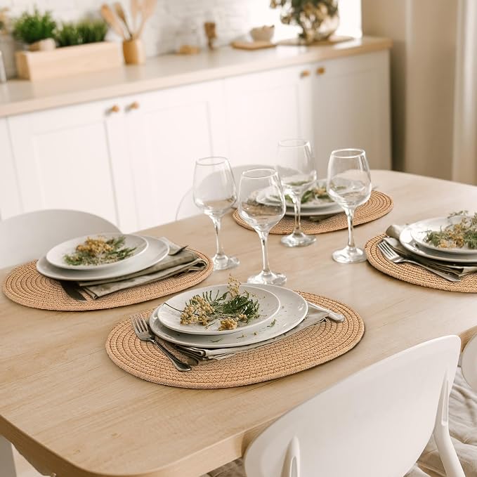 fanquare Khaki Cotton Placemats for Farmhouse Table Decoration Braided Cotton Rope Place Mats for Kitchen Dining Round Woven Table Mats Set of 6