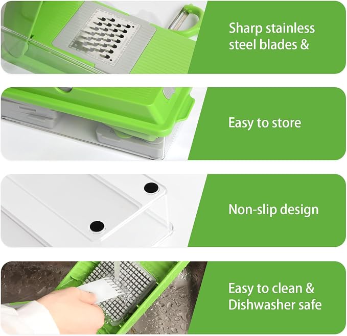 LHS Professional Multifunctional Vegetable Chopper Pro Food Chopper with Food Storage Containers, Mandoline Slicer Onion Dicer Fruit Cutter, Kitchen Gadgets and Home Essentials(7 in 1, Green)