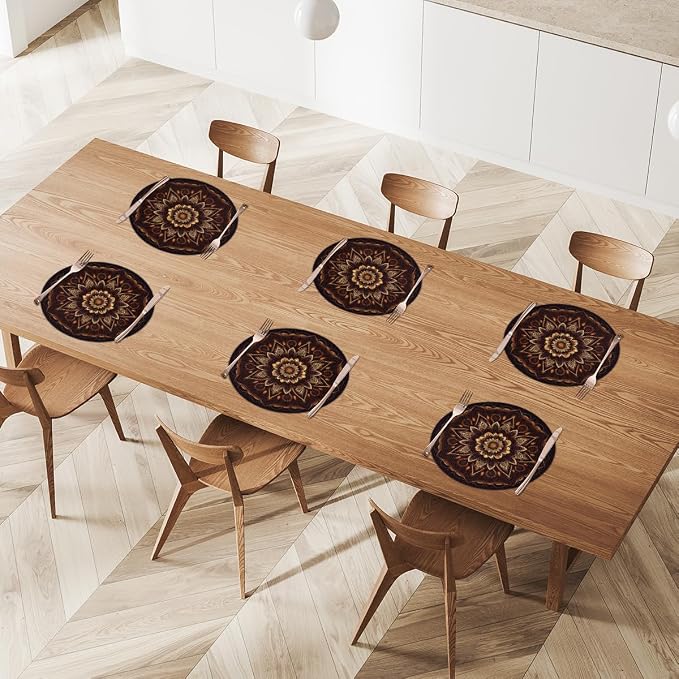 Round Placemats Set of 6, Fire Mandala Flowers Woven Placemats Mats Non-Slip Heat Resistant Washable Table Mats Round Braided Place for Farmhouse Kitchen Dining Party Decor 15in