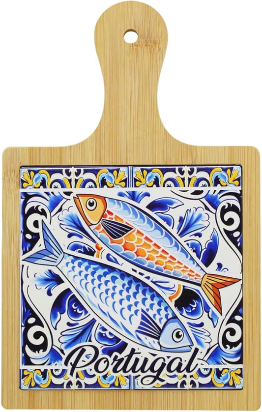 Portugal Sardine Design Wooden Serving Tray with Ceramic Tile Center