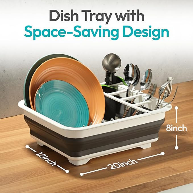 Masirs Pop-Up Collapsible Dish Drying Rack - Convenient Storage - Drains into Sink - Eight Large Plate Capacity - Sectional Cutlery and Utensil Compartment - Compact & Portable Design (12 x 14.4 Inch)