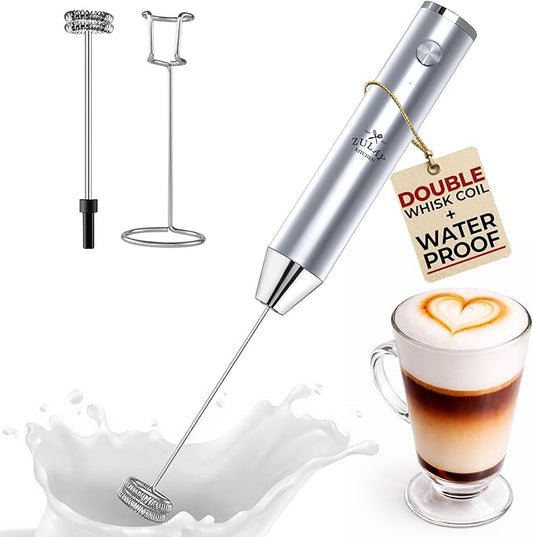 Zulay Kitchen Rechargeable Milk Frother Handheld - Frother Wand, Drink Mixer, Electric Whisk Frother, for Cappuccinos, Matcha & Protein Powder - Lux 4 Whisk 2 Speed Waterproof 2000mAh Silver
