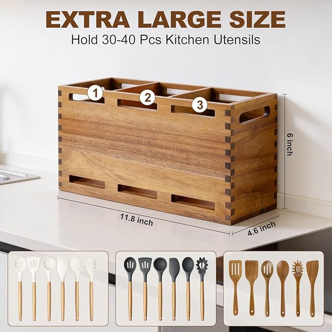 Extra Large Acacia Wood Utensil Holder for Kitchen Counter Decor Rustic Wooden Spatula Holders Cooking Utensils Organizer Countertop Silverware Caddy Spoon Kitchen Tool Holder Farmhouse Utensil Crock