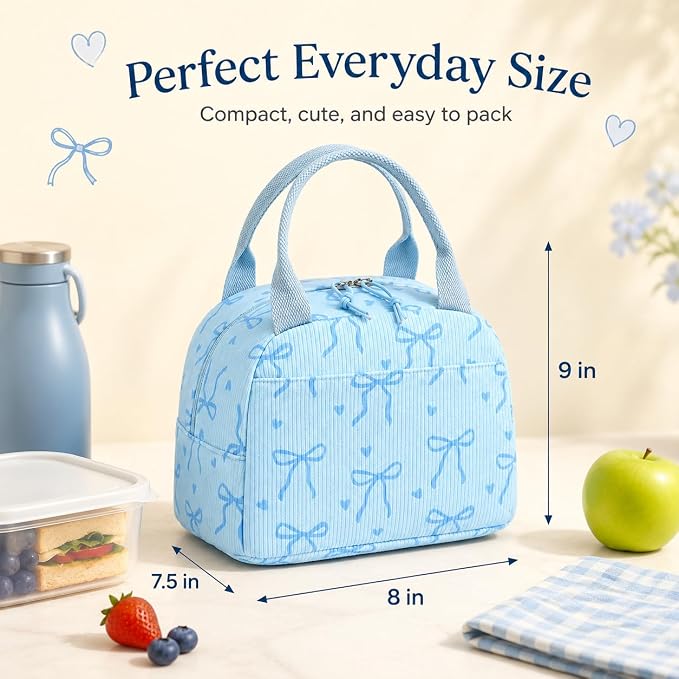 LEDAOU Lunch Box for Women Insulated Lunch Bag Corduroy Lunch Tote Bags Leakproof Cooler Lunch Case for Travel Work Picnic (Bow Tie Blue)