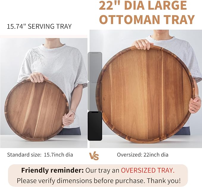 Extra Large Round Ottoman Coffee Table Tray, 22" Big Kitchen Serving Trays for Huge Ottoman Counter Giant Decorative Organizer, Huge Wood Serveware Tray with Built-in Handle for Big Job