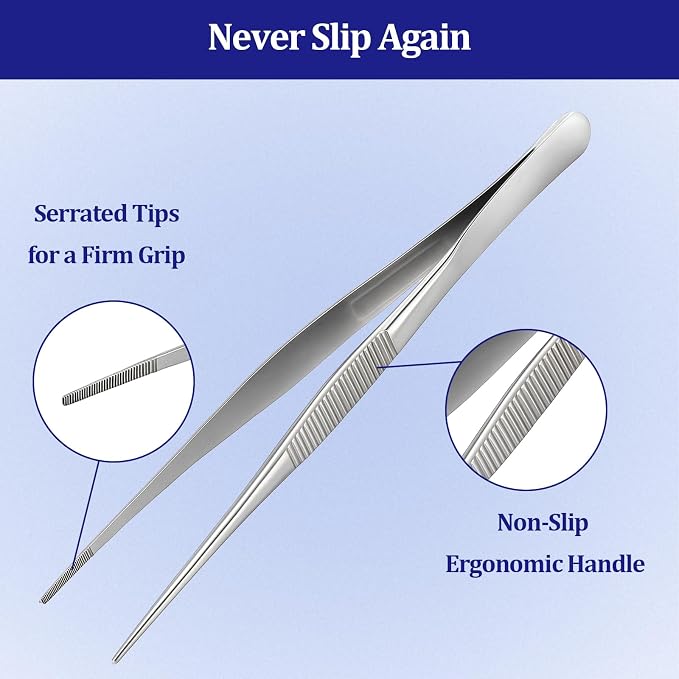 12-inch Stainless Steel Cooking Tongs & Tweezers, Non-Slip Grip & Serrated Tips for Grilling, Baking, Garnishing, BBQ, Kitchen & Craft Use (Straight Tip)