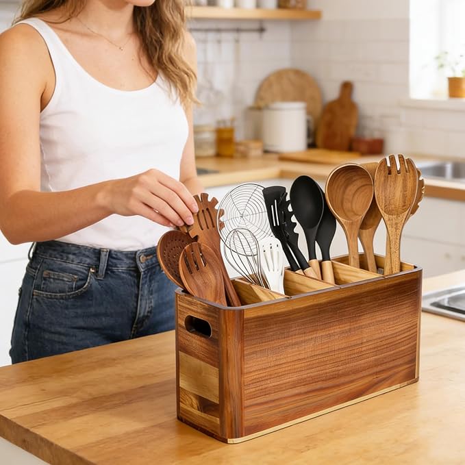 Large 4-Compartment Acacia Wooden Utensil Holder, Rustic Kitchen Counter Organizer, Extra Large Wood Storage Container for Cooking Utensils and Silverware