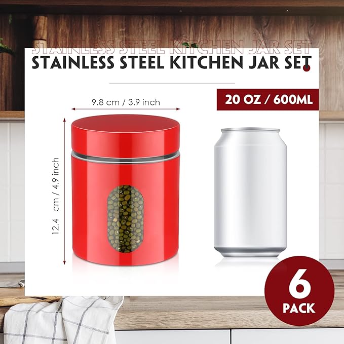 6 Pack Kitchen Canisters Set 20 oz Airtight Stainless Steel Canister Food Storage Container with Window Glass, Coffee Sugar Candy Jars Tea Organizer for Flour Cookies Spices Grains Kitchen(Red)