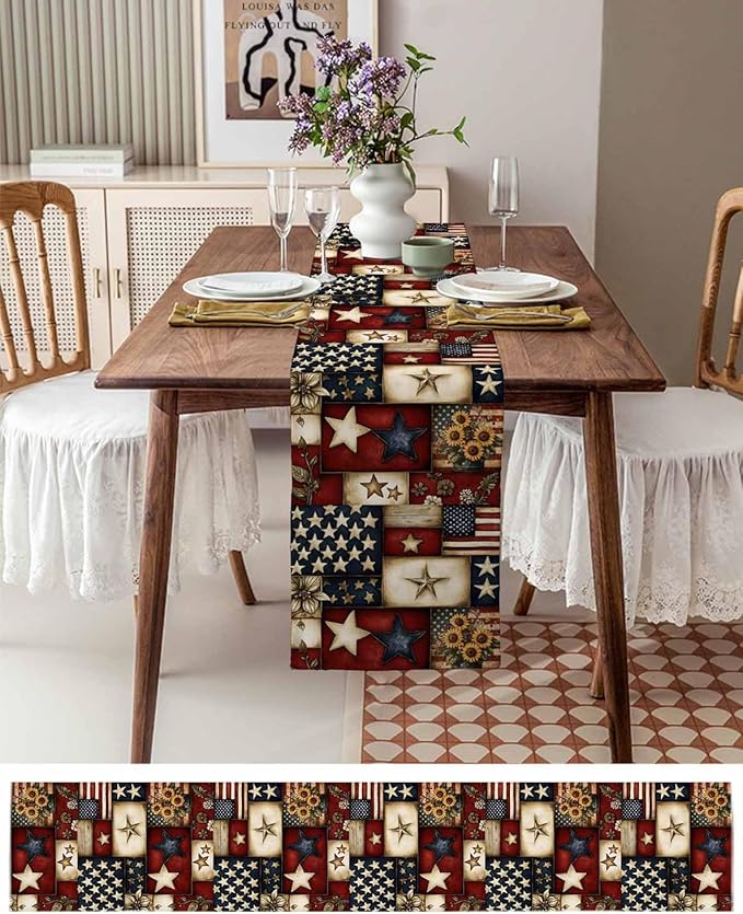 Red Blue American Flag Table Runner 120 Inch Long Dresser Scarves 4th of July Cotton Linen Tablerunners Patriotic Farmhouse Star Dining Kitchen Burlap Table Setting Decor for Party Holiday, 13"x120"