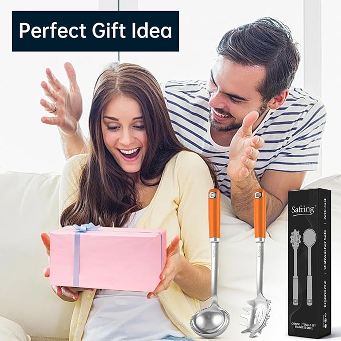 Safring Stainless Steel Soup Ladle and Spaghetti Spoon Set, Heat Resistant Rubber Handle, Dishwasher Safe, Kitchen Utensils for Cooking, Stirring, Serving Pasta, Soup & Sauce (Orange)