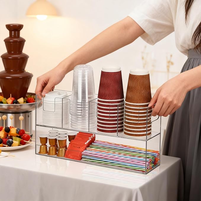 MYITYARD Cup Storage Organizer, Coffee Station Caddy, Clear Acrylic Cup and Lid Holder, Coffee Condiment Bar Accessories for Pods, Sugar, Creamer, Syrup, 5 Compartments