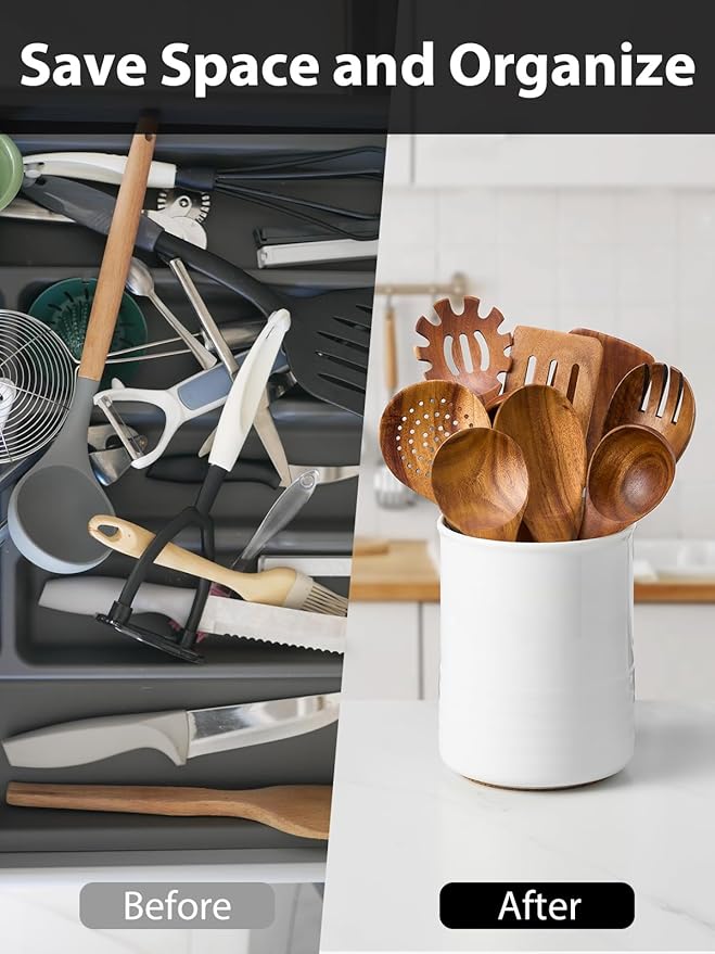ABRUTY Utensil Holder, 6.7" Ceramic Kitchen Utensil Crock for Countertop Cooking, Modern Utensil Caddy Jar Organizer for Farmhouse Kitchen Counter Decor (White)