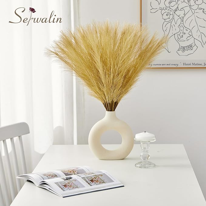 Serwalin 60Pcs Gold Pampas Grass Decor, 17.7" Faux Pampas Grass, Artificial Short Pompas Grass Branches Fluffy Plant Vase Filler Boho Decoration for Home Wedding Party