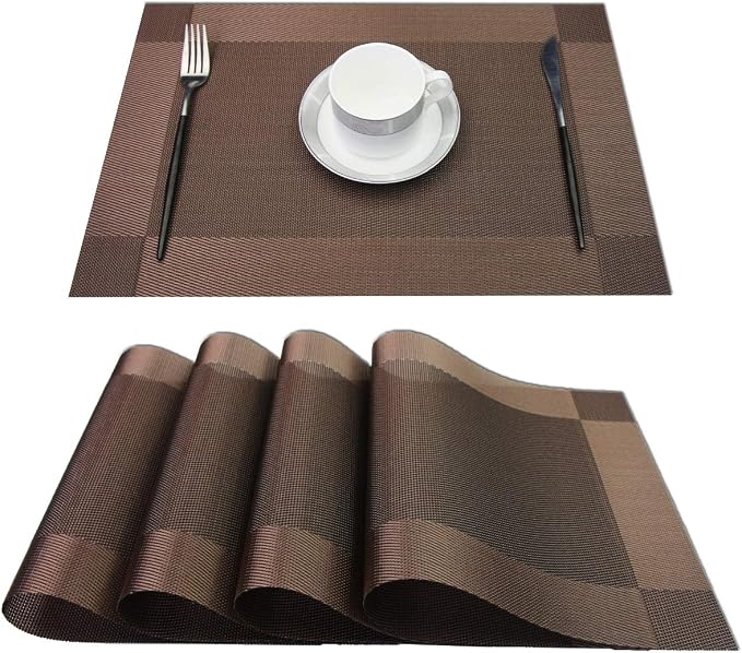 PIGCHCY Place Mats Heat-Resistant Non Slip Placemats Washable Easy to Clean Woven Vinyl Placemats for Dining Table (Set of 4, Brown)