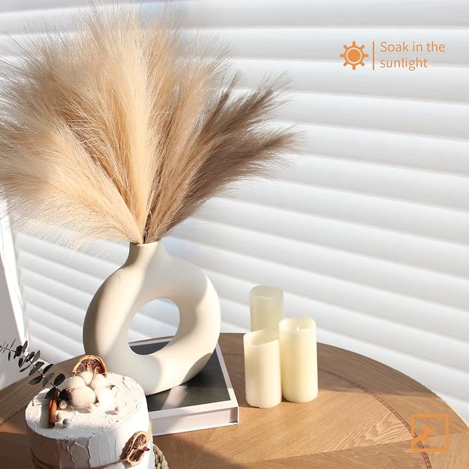 ZIFTY 42-Piece Fluffy Faux Pampas Grass Decor, 6 Hand-Bundled Packs of 7, 17" Short Artificial Pampas Grass Bulk, Boho Fake Flower Vase Filler, Home Wedding Decor, Beige & Taupe
