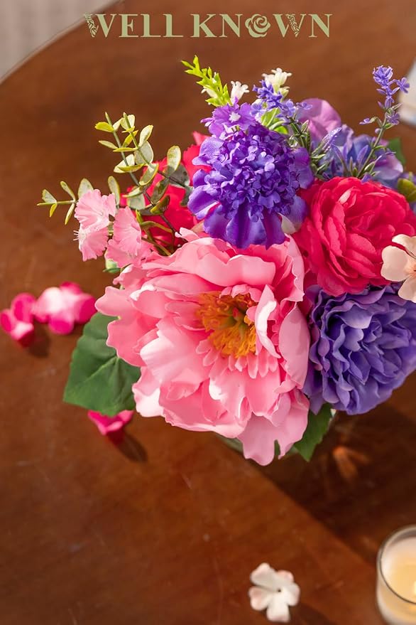 WELL KNOWN Artificial Flowers in Vase with Fake Water, Pink & Purple Silk Flowers Fake Ranunculus Peonies Lilac Bouquet for Home Wedding Party Dining Table Baby Shower Decor & Birthday Gift (Violet)