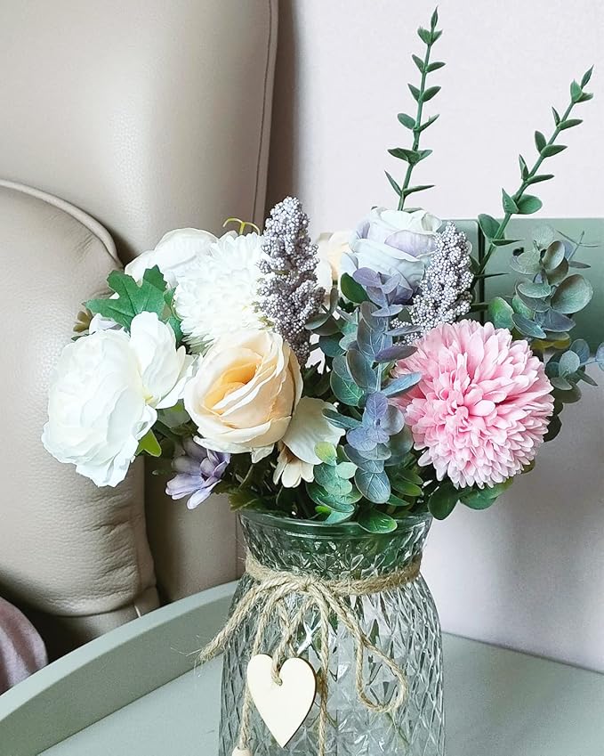 2 Pack Set Fake Flowers with Vase, Faux Peony Silk Flowers for Home Decor,Fake Flowers with Vase for Coffee Table Decor,Living Room Bathroom Plant Decor, Centerpiece Table Decorations